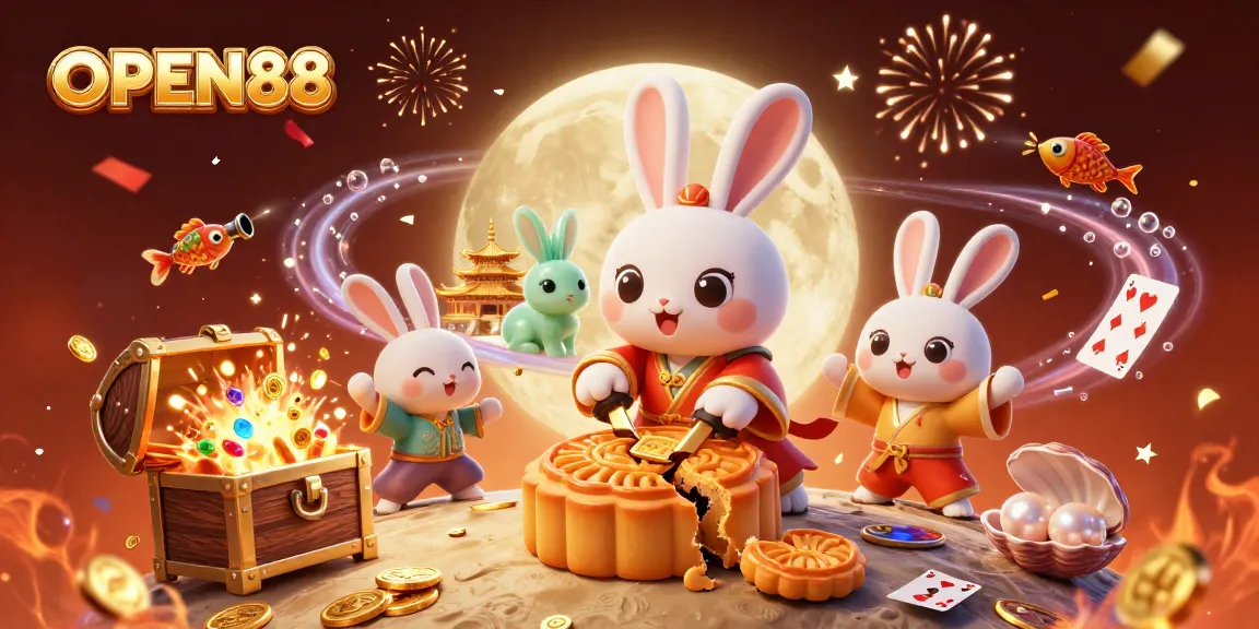 Experience the excitement of OPEN88 with a vibrant 3D illustration showcasing a moon rabbit and gaming elements.