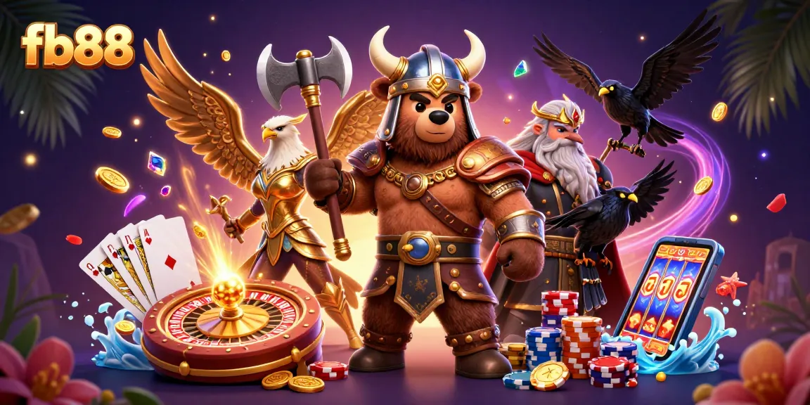 Experience the thrill of fb88 with a dynamic, action-packed casino illustration featuring iconic gaming elements.