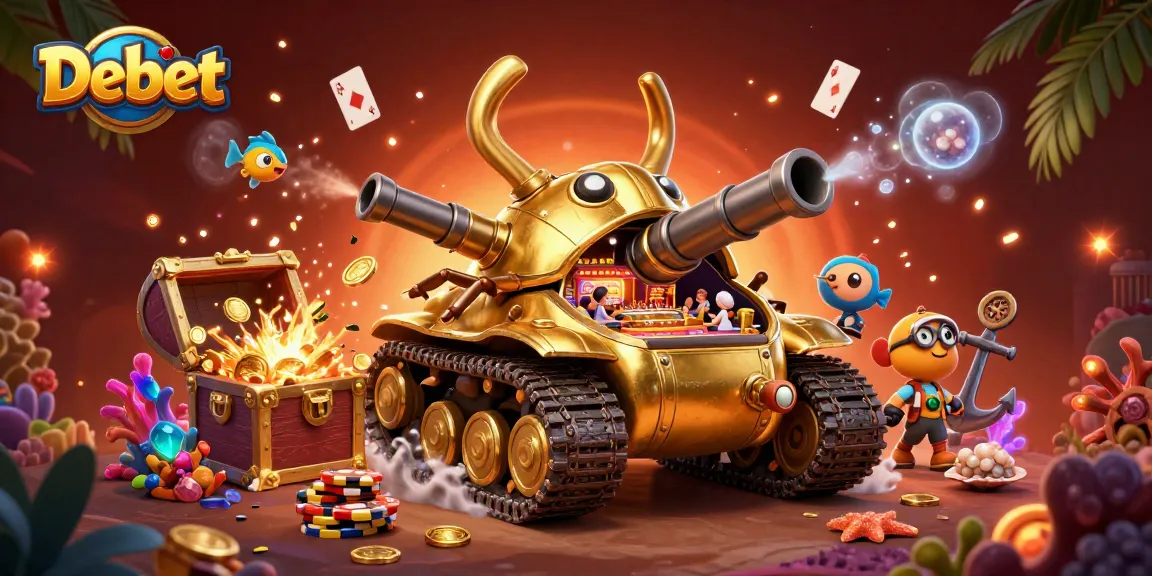 Engage in thrilling gameplay at Debet's vibrant underwater casino with gold treasures and confetti