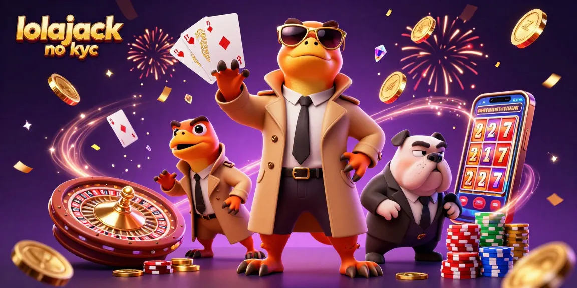 Experience exciting gameplay at Lolajack no KYC, featuring cartoon raptors in a trench coat at a casino.