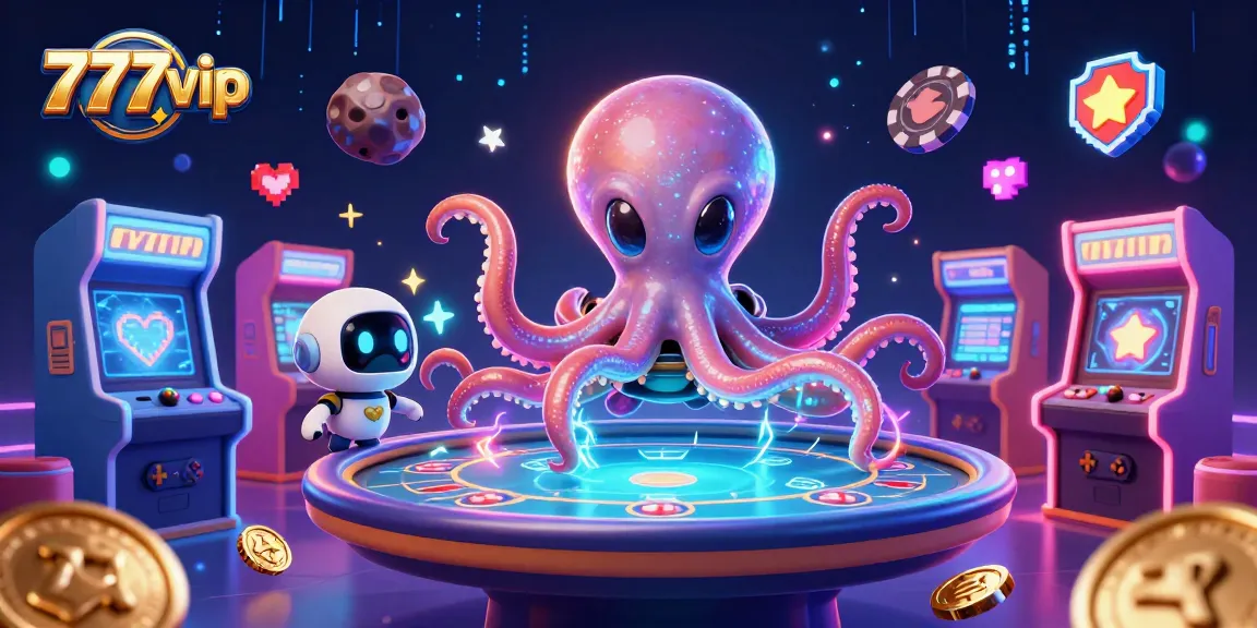Join the excitement of 777vip with a vibrant casino scene featuring an alien octopus and arcade games.
