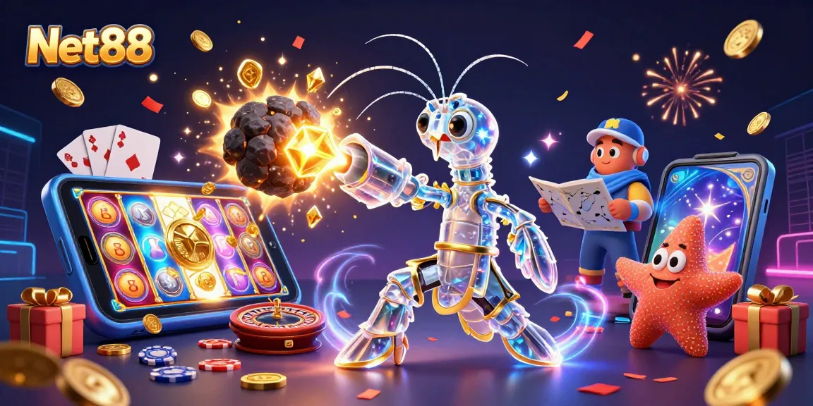 Engage with Net88's dynamic gaming world featuring vibrant characters and casino elements.