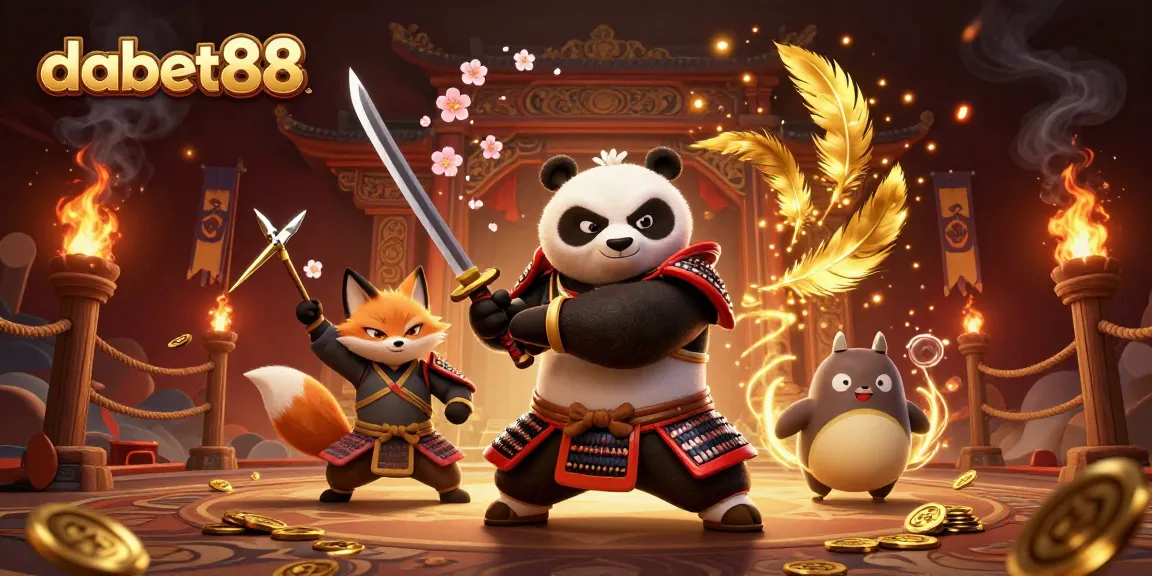 DABET88 showcases an immersive online casino scene with a samurai panda and dynamic gaming elements.