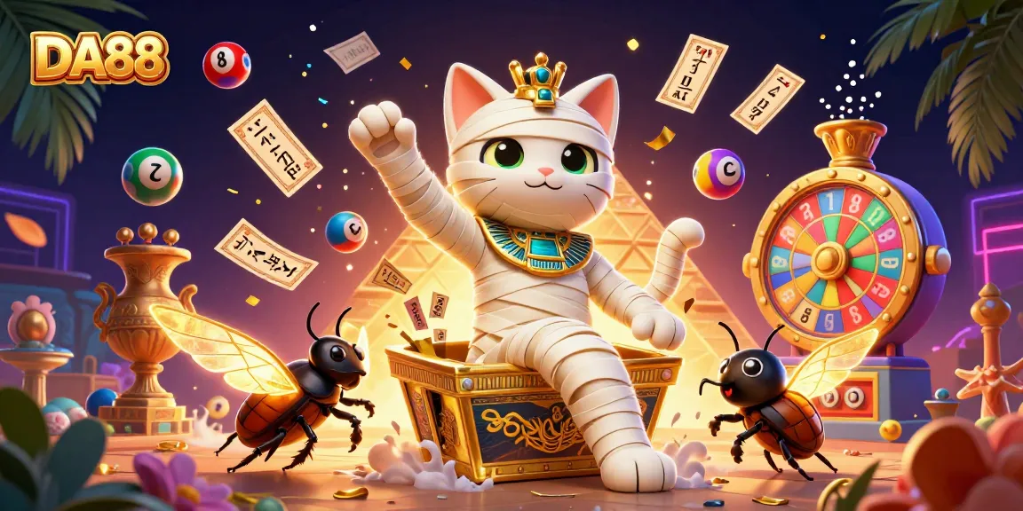 Engage with DA88 in an exhilarating pyramid casino scene featuring a mummy cat and dynamic lottery elements.