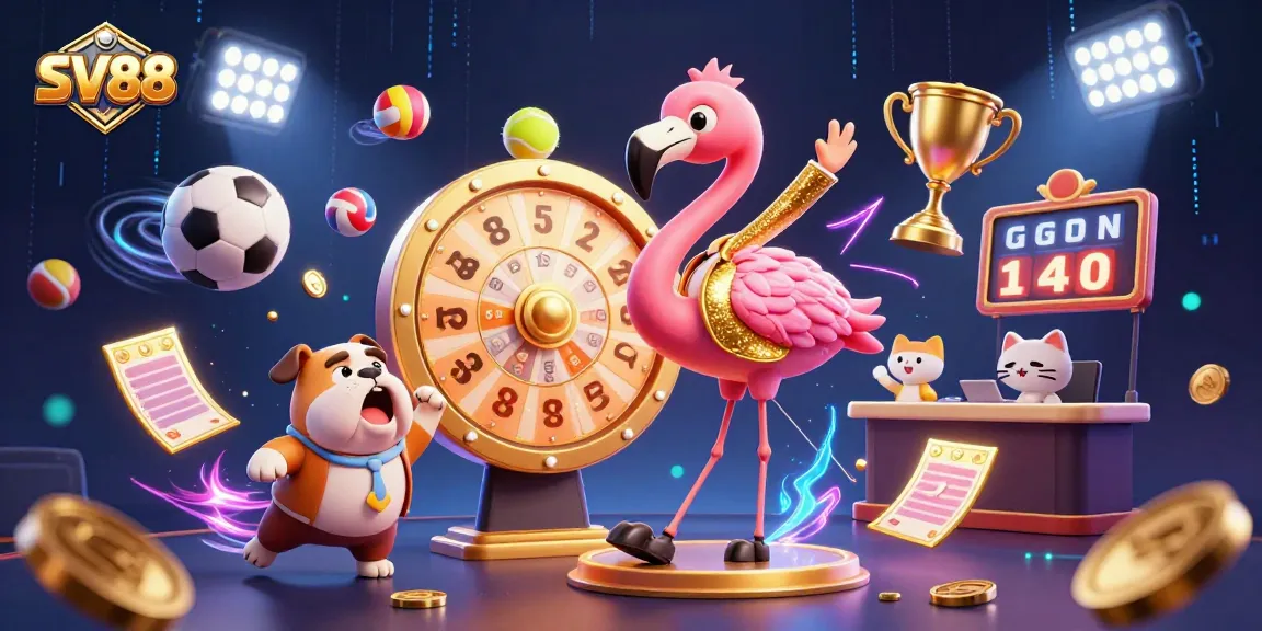 Engage with SV88's thrilling gaming scene featuring lively cartoon characters and dynamic sports elements.