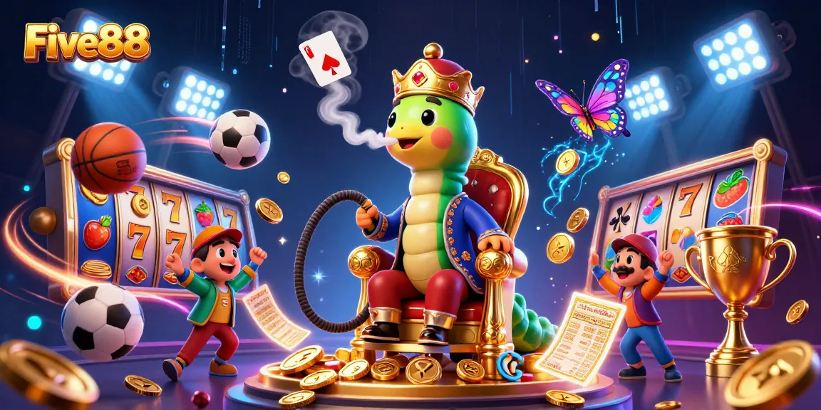 Experience the excitement of betting at Five88 with a colorful 3D digital casino scene showcasing slot reels and lively characters.