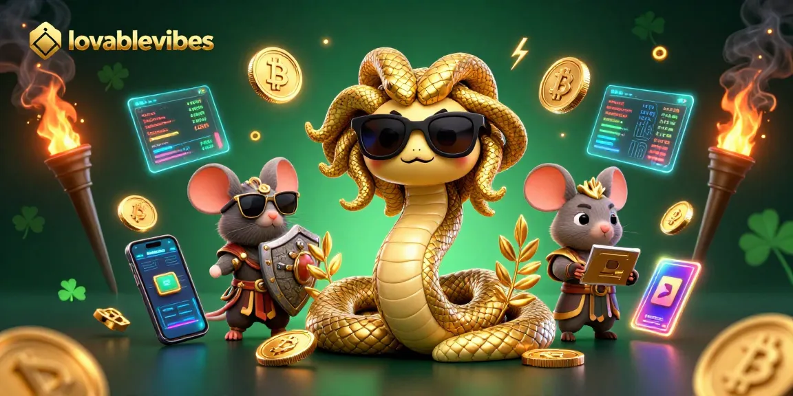 Engage in casino fun with lovablevibes featuring a fun Medusa and a warrior mouse amidst gold coins and crypto elements.
