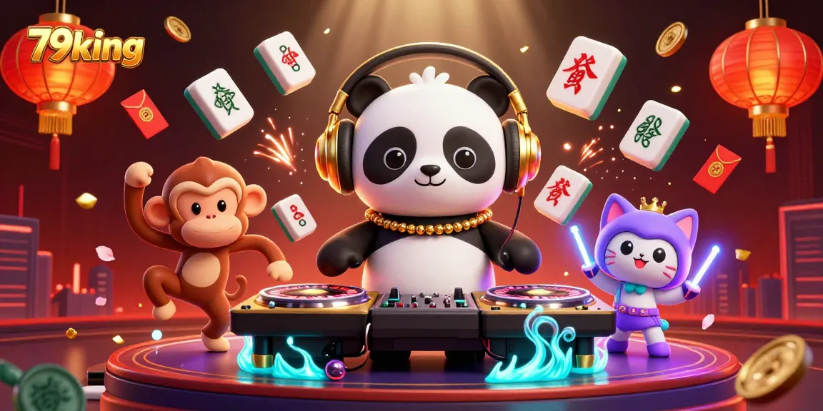 Immerse in the vibrant world of 79king with a DJ panda, dancing monkey, and rave kitten amidst dynamic gambling elements.
