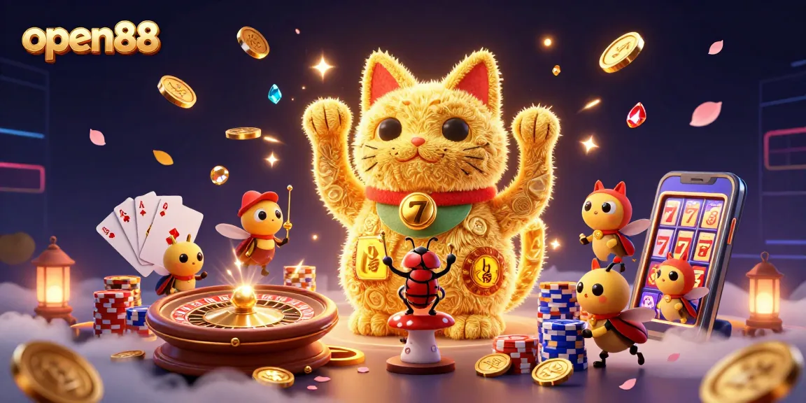 Experience the thrill of open88 with a dynamic scene showcasing golden fireflies and casino symbols.