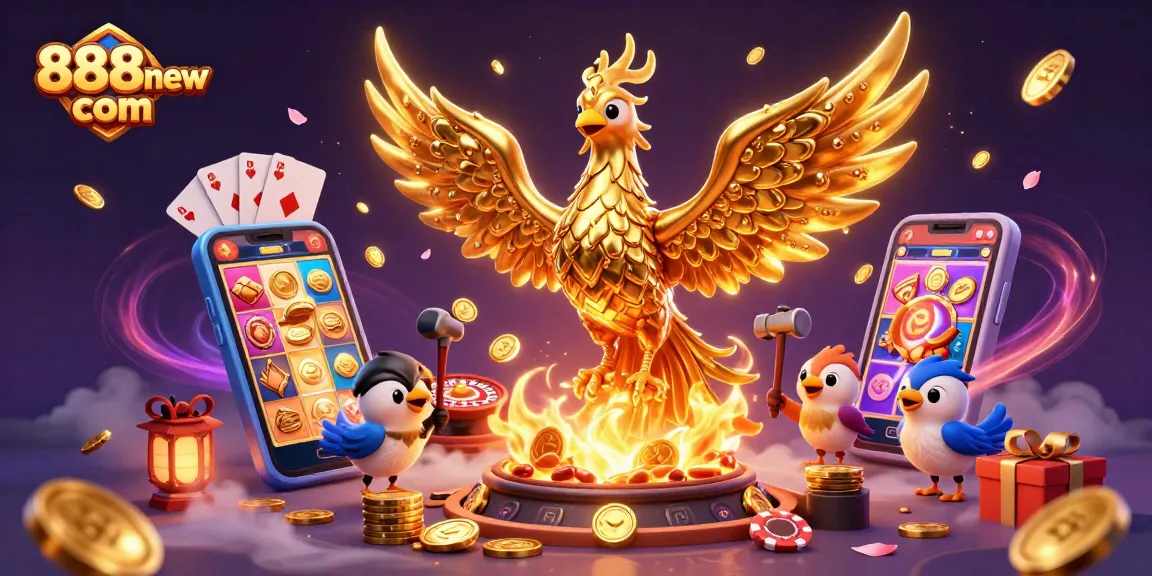 Engage with 888new com as a molten golden phoenix rises, surrounded by vibrant slot games and casino elements