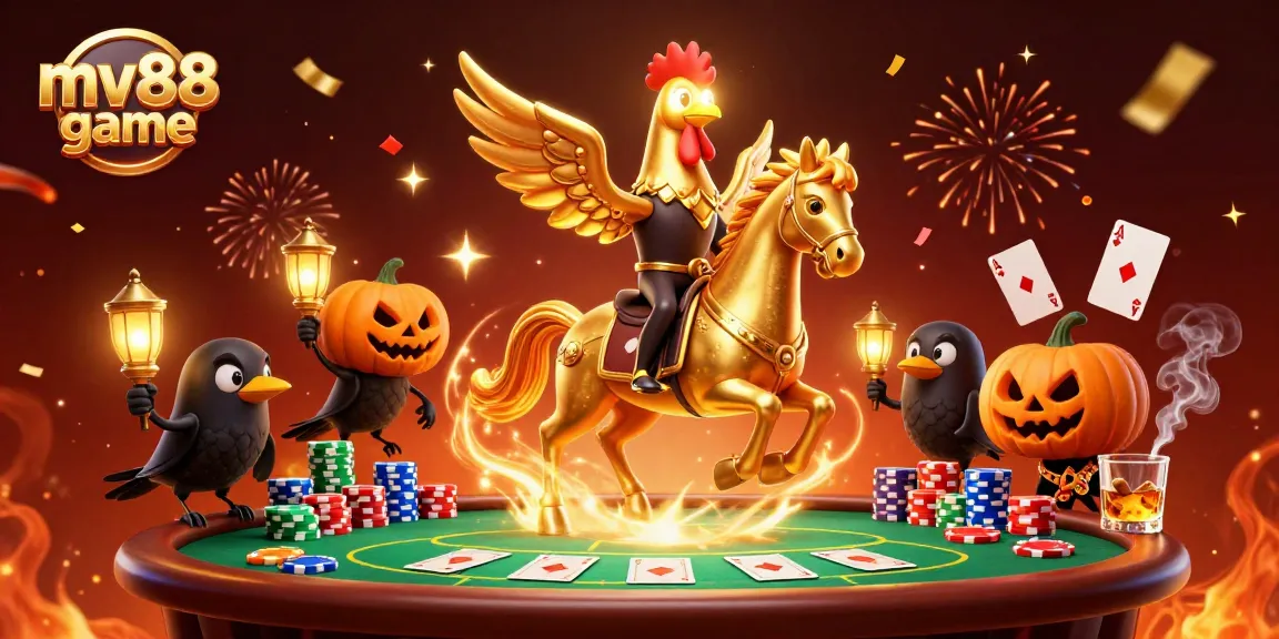 Engage with the exciting mv88 game featuring a golden rooster and friends in a vibrant casino scene.