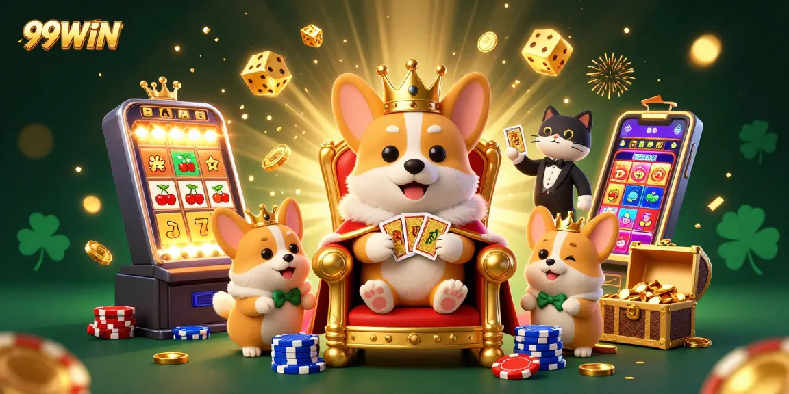 Experience thrilling jackpots at 99WIN with a vibrant casino scene featuring 3D characters and golden treasures.