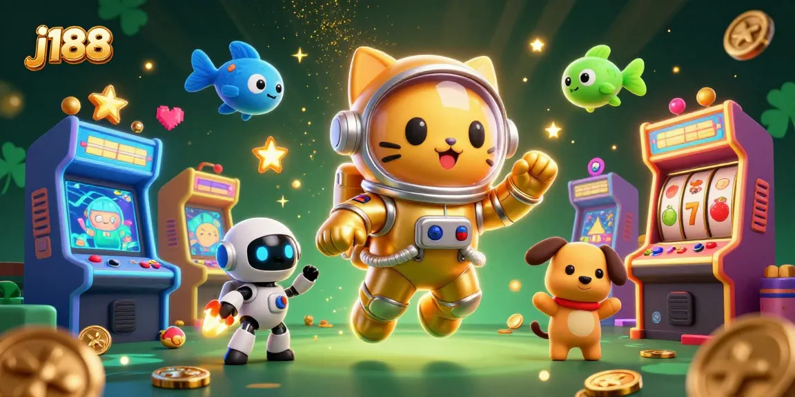 Experience j188's vibrant gaming universe with astronaut cat and robot dog amidst casino game elements.
