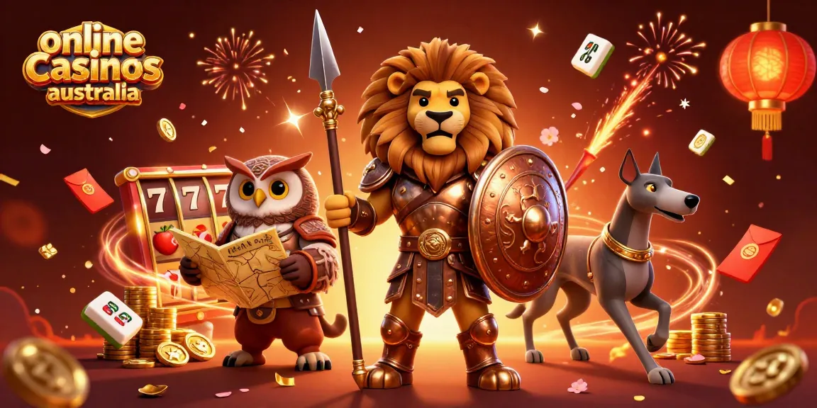 Engage with online casinos Australia through vibrant 3D illustration of lucky symbols and characters.