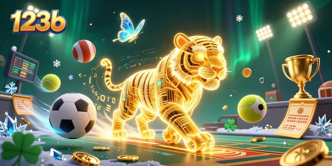 Engage with the vibrant 123b casino scene featuring a neon-light tiger, sports elements, and dazzling effects.