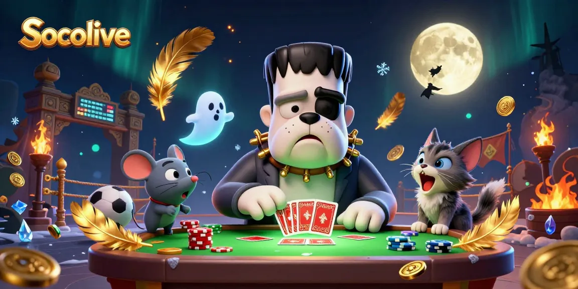 Socolive showcases an engaging, vibrant scene featuring a Frankenstein bulldog monster dealing cards, bringing excitement to the online betting experience.