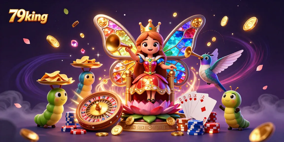 Spin at 79king as vibrant elements and a butterfly queen delight players in this dynamic casino scene.